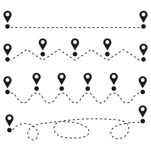 Les épingles de géolocalisation, la carte de voyage, les points de navigation GPS, le chemin, les sentiers pointillés, le suivi, l'illustration vectorielle EPS 10
