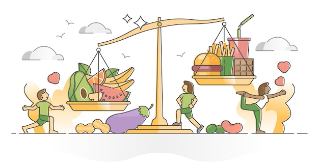 Équilibre Alimentaire En Tant Que Contrôle Du Corps Avec Un Régime Alimentaire Sain Par Rapport Au Concept De Contour De La Malbouffe Et De La Restauration Rapide. échelle D'ingrédients Avec Des Produits Frais Végétariens Comparés Et Une Illustration Vectorielle De Mauvaise Alimentation Grasse.