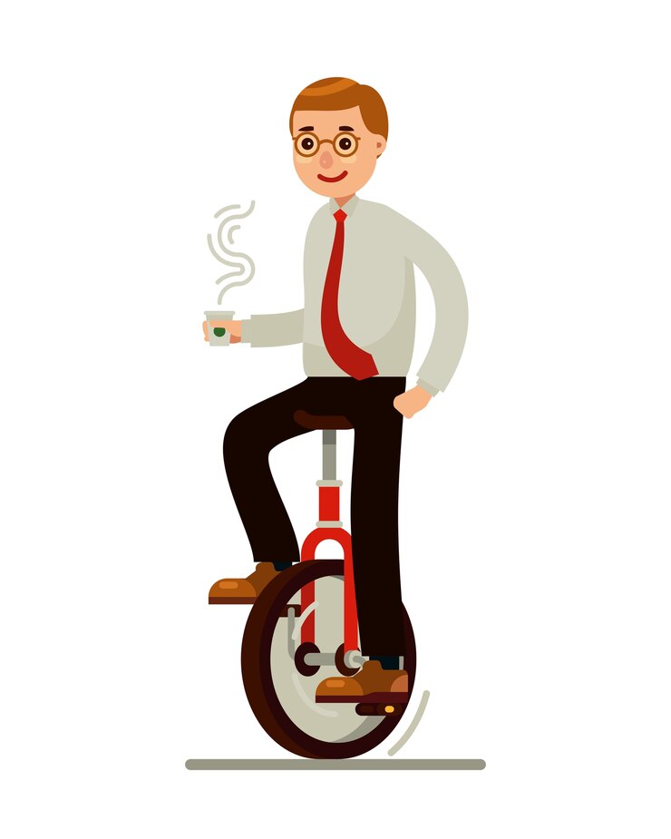 équilibre de l'homme d'affaires sur un vélo monocycle tenant une tasse de café