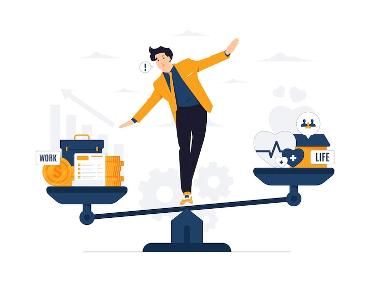 Vecteur équilibre travail et viechoisir entre la carrière et l'argent par rapport à l'amour et au temps, aux loisirs ou aux affaires mesure de l'égalité santé et travail concept illustration