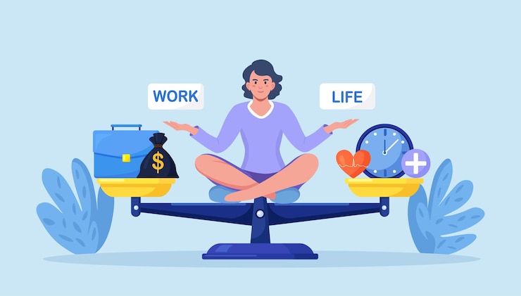 Vecteur équilibre vie-travail sur des échelles femme garder l'harmonie choisir entre carrière et argent contre santé et temps loisirs ou affaires comparaison stress et vie saine famille amour contre travail