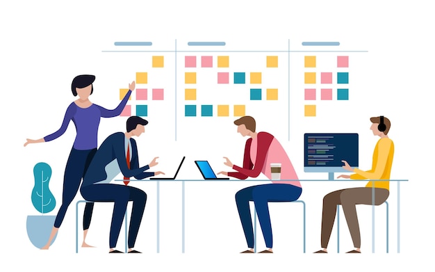 Équipe d'affaires agile de programmeurs travaillant et faire une certaine planification sur le tableau blanc de scrum et