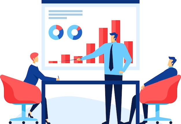 L'équipe d'affaires analyse les graphiques financiers et les graphes montrant la croissance de l'entreprise pendant une réunion. Un orateur pointe vers un graphique à barres expliquant la visualisation des données.