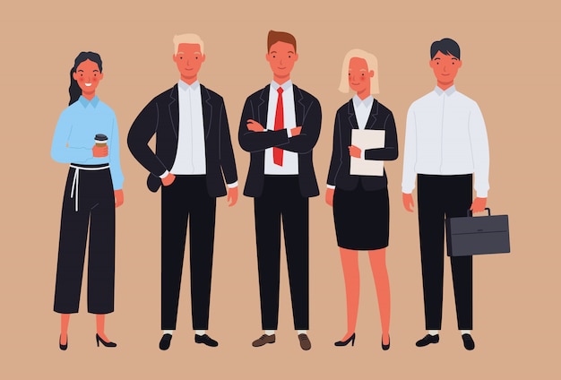 Équipe commerciale. Homme d'affaires et femmes en costume de caractère.