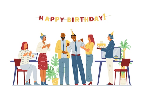 Vecteur une équipe commerciale multiraciale célèbre l'anniversaire d'un collègue au bureau