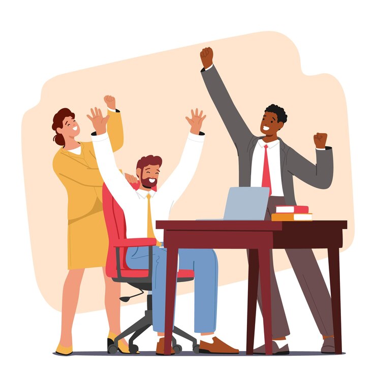 Vecteur l'équipe commerciale se réjouit près de l'ordinateur célébrant le succès avec des sourires et des highfives alors qu'ils atteignent leurs objectifs et font des progrès vers leur vision collective illustration vectorielle de personnes de dessin animé