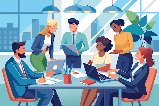 Une équipe diversifiée de professionnels travaille sur des ordinateurs portables dans un bureau moderne. Ils s'engagent dans une discussion collaborative avec une personne debout et pointant vers un ordinateur portable.