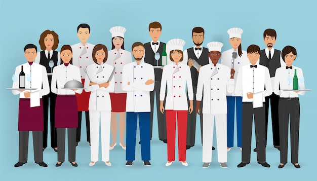 Vecteur Équipe du restaurant en uniforme. groupe de personnages du service traiteur: chef, cuisinier, serveurs et barman.