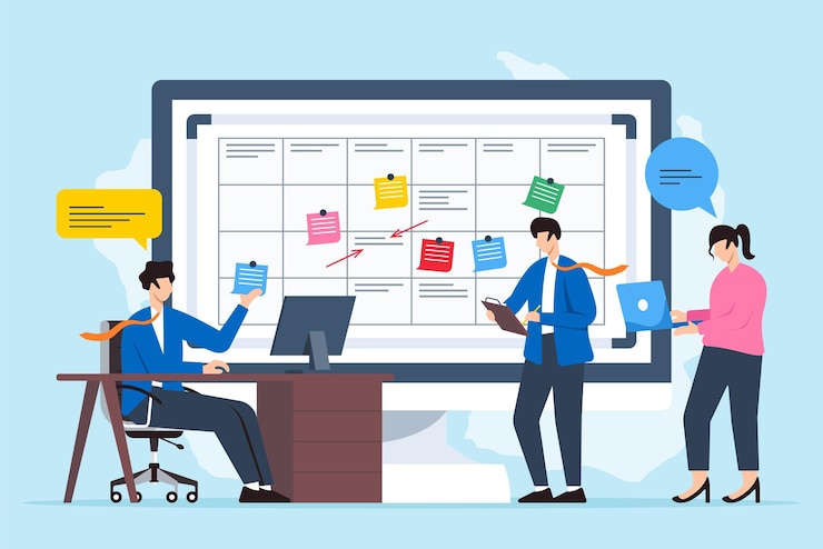 Vecteur équipe élaborant une stratégie de travail à distance avec des notes collantes sur un tableau blanc de collaboration virtuelle