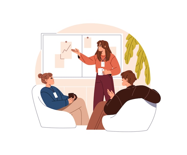 Une équipe d'employés de bureau boit du café discute de problèmes de travail Les employés parlent avec des boissons pendant le déjeuner Les collègues passent la pause ensemble Illustration vectorielle isolée plate sur fond blanc