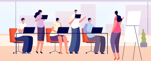 Équipe de formation de bureau. Apprentissage du personnel de l'entreprise, entraîneur de groupe de personnes avec présentation. Les chefs d'entreprise rencontrent le concept de vecteur absolu d'interview. Entreprise de formation d'équipe d'illustration, conférence sur l'éducation