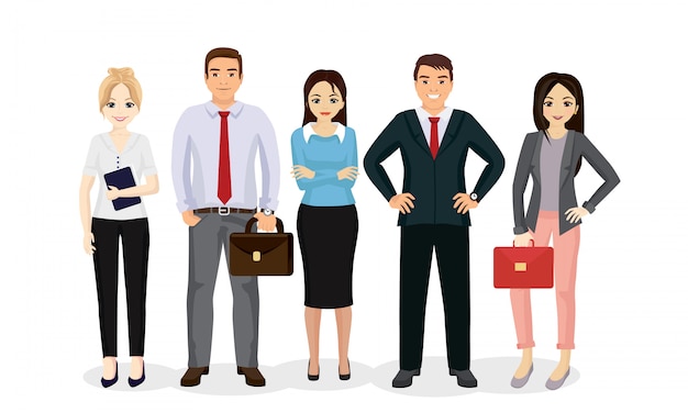 équipe de gens d'affaires illustration. Les hommes d'affaires et les femmes d'affaires heureux et souriants se réunissent dans un style dessin animé.