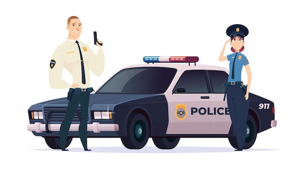 Équipe d'hommes et de femmes de policiers de dessin animé. Personnages d'agent de sécurité publique avec voiture de police sur fond blanc. Gardiens de la loi et de l'ordre