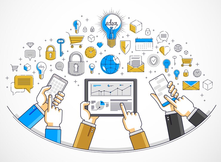 Vecteur l'équipe en ligne du travail d'équipe sur internet travaille et communique à l'aide de gadgets et d'applications, mains d'hommes d'affaires avec téléphones et tablettes, illustration vectorielle.