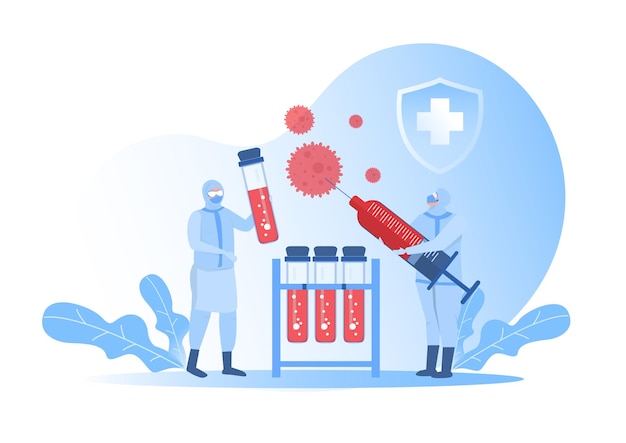Équipe de médecins en costume de protection travaillant avec des liquides dangereux illustration