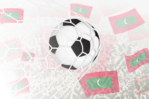 Vecteur l'équipe nationale de football des maldives a marqué un but le ballon dans le filet du but tandis que les supporters de football agitent le drapeau des maldives en arrière-plan