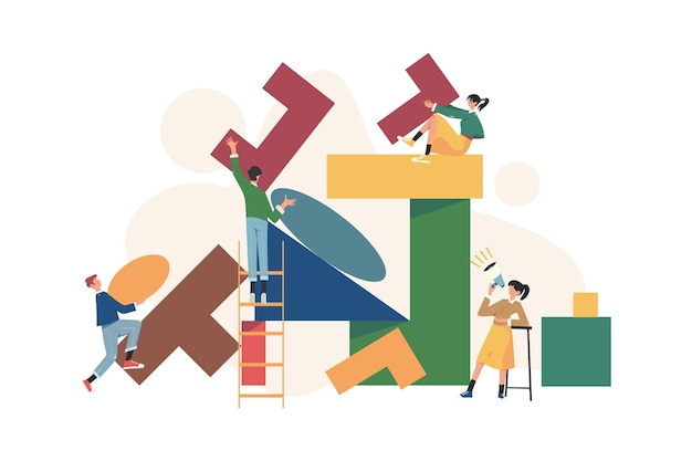 Équipe de personnes assemblent un puzzle géométrique abstrait