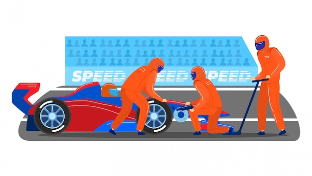 Vecteur Équipe de pitstop professionnelle, personnage masculin ensemble voiture de sport de formule 1 de service isolé sur blanc, illustration de dessin animé.