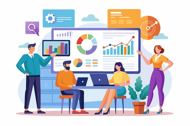 Une équipe de quatre professionnels analyse des tableaux et des graphiques affichés sur un grand écran pendant une présentation.
