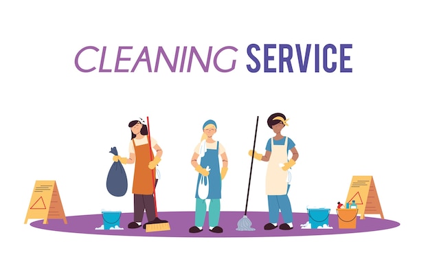 Vecteur Équipe de service de nettoyage avec des gants et des ustensiles de nettoyage illustration design