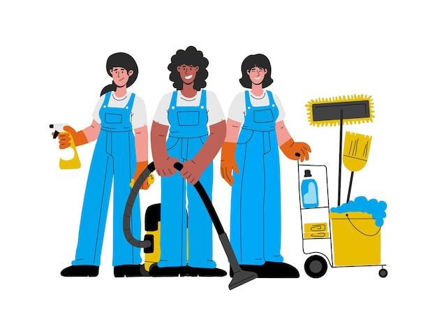 Équipe de service de nettoyageTrois femmes Caucasiennes charwomen afro-américaines en uniforme avec aspirateur