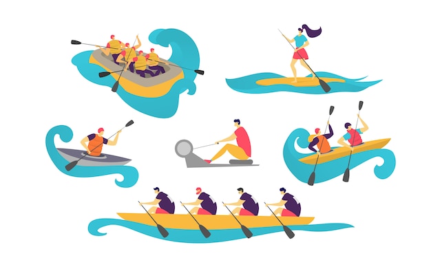 Vecteur Équipe sportive de personnes en bateau sur l'eau femmes, homme canotage avec pagaie en tourisme de canot isolé sur blanc.