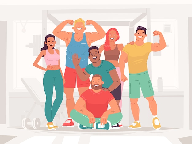 Vecteur Équipe de sports hommes et femmes heureux dans la salle de gym. les personnes menant une vie saine et active. filles de fitness, culturistes, athlètes et dynamophiles. illustration vectorielle dans un style plat