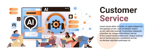 équipe technique d'hommes d'affaires utilisant l'application informatique avec ai helper bot service client centre d'appels concept de support horizontal copie espace illustration vectorielle