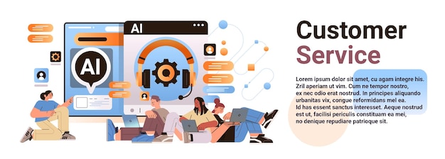 Équipe Technique D'hommes D'affaires Utilisant L'application Informatique Avec Ai Helper Bot Service Client Centre D'appels Concept De Support Horizontal Copie Espace Illustration Vectorielle