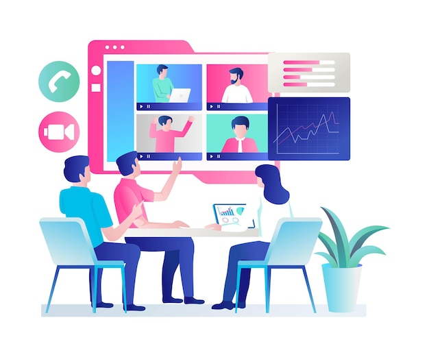L'équipe de travail discute en ligne dans un design plat