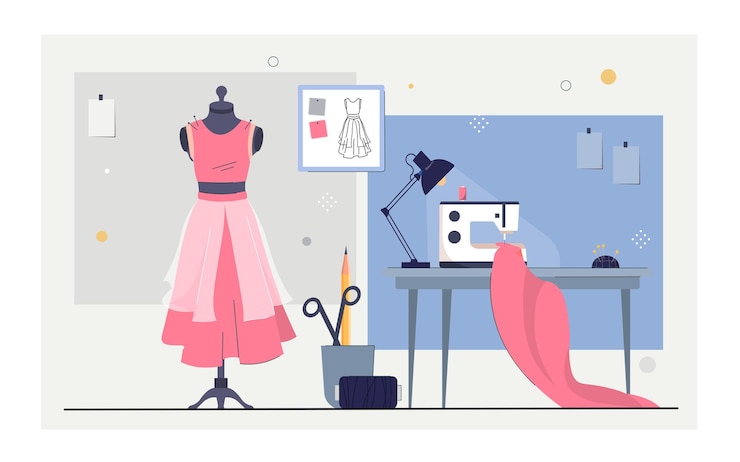 Vecteur équipement d'atelier de couture robe rose sur mannequin coussin à épingles pour studio ou atelier de taille