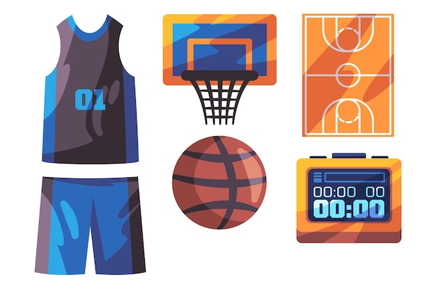 Équipement de basket-ball Icon set collection panier sport activité de santé jouer au ballon match championnat de tournoi d'éducation physique