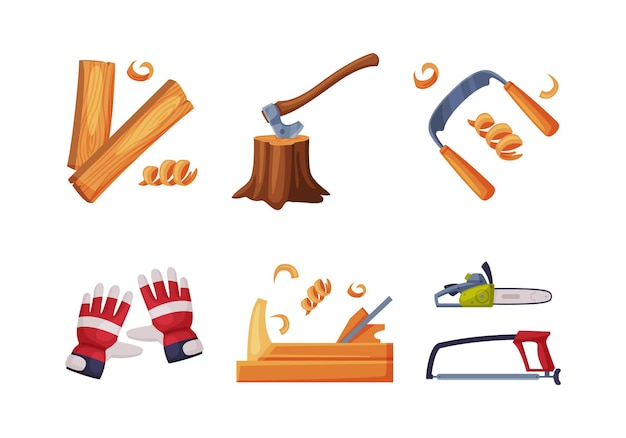 Vecteur Équipement de coupe de bois avec gant de scie à hache et ensemble de panneaux vectoriels outil de coupe du bois pour l'abattage d'arbres ou de bois concept