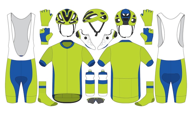 Vecteur equipement d'équipe de cyclisme maillot d'équipement de cyclisme uniforme et équipement chaussures chaussettes bouteille d'eau