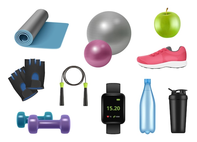 Équipement De Fitness Réaliste Symboles Sportifs Pour Un Mode De Vie Sain Articles 3d Pour Haltères De Gym Corde à Sauter Bouteilles D'eau Pomme Baskets Vecteur Décent