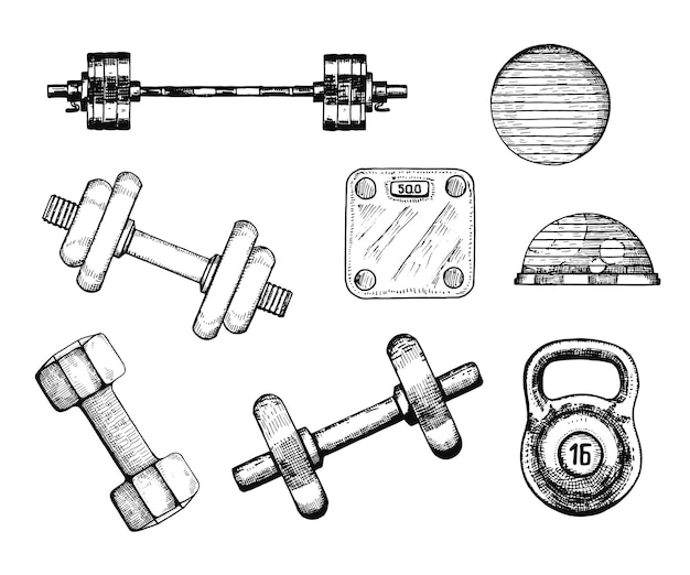 Vecteur Équipement de fitness sportif dessin à la main d'illustration vectorielle