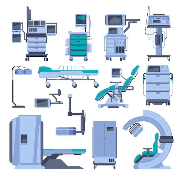 Équipement hospitalier Instruments médicaux de diagnostic et de traitement Salle de médecin de style dessin animé