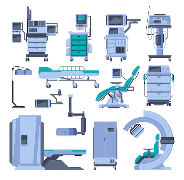 Vecteur Équipement hospitalier instruments médicaux de diagnostic et de traitement salle de médecin de style dessin animé