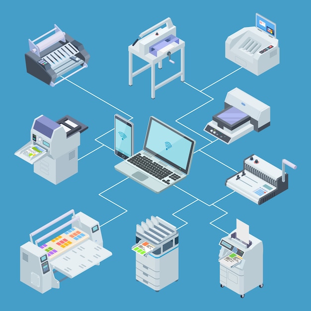 équipement d'imprimerie infographique. Traceur d'imprimante, concept de vecteur isométrique de machines de découpe offset