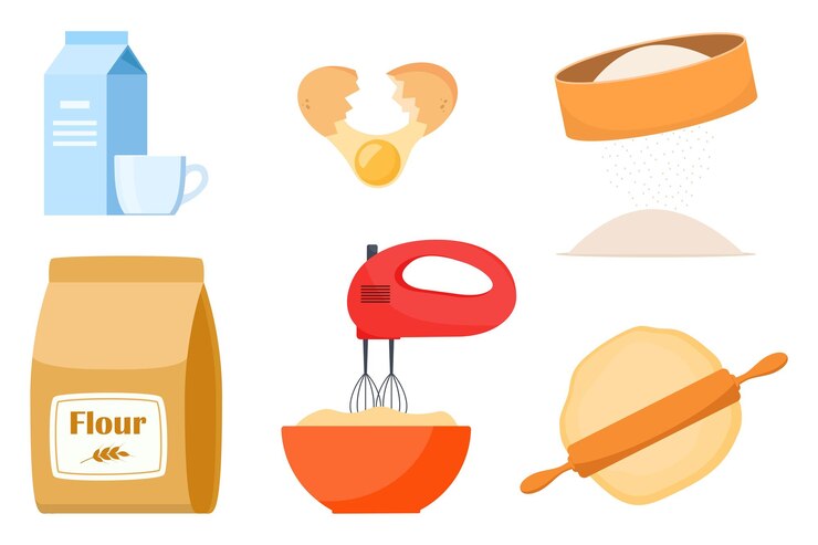 Vecteur equipement et ingrédients de pâtisserie set d'outils de cuisson délicieux de cuisson illustration vectorielle