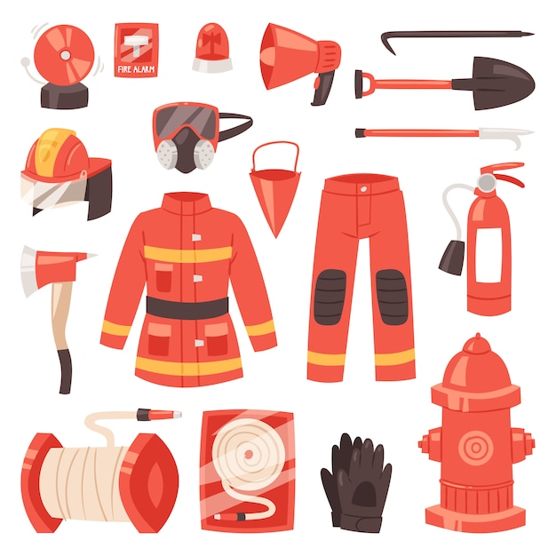 Vecteur Équipement de lutte contre l'incendie pompier bouche d'incendie et extincteur illustration ensemble d'uniforme de pompier avec casque isolé sur fond blanc