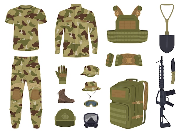 Vecteur Équipement d'un militaire vêtements de protection de combat armure et armes militaires