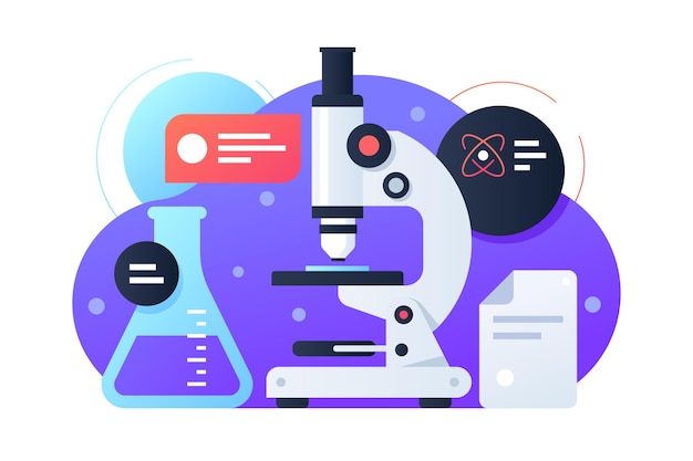 Équipement Moderne Utilisé Pour La Recherche Scientifique Avec Flacon Et Microscope. Icône De Concept Isolé Pour Le Développement En Chimie, Médecine Et Biologie.