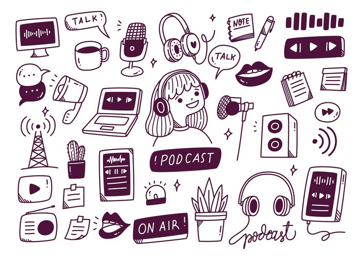 Équipement de podcast dans l'illustration de style doodle