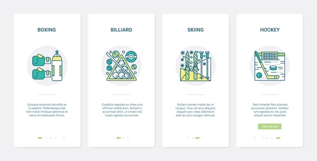 Équipement de sport pour la boxe billard ski hockey ux ui ensemble d'écrans de page d'application mobile