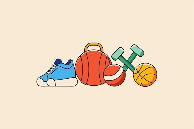 Équipement sportif Balles Sneakers et sacs de gym Vector Illustration Clipart de dessin animé et Line Art