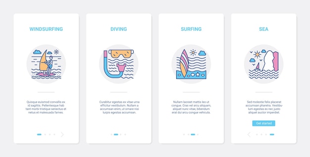 Équipement de sports extrêmes aquatiques et symboles ui ux à bord de l'écran de la page de l'application mobile.