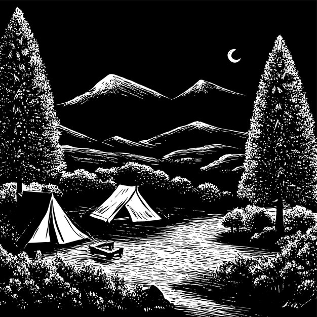 Vecteur equipement de tente de camping forestier d'été dessiné à la main plat autocollant de dessin animé élégant concept d'icône isolé