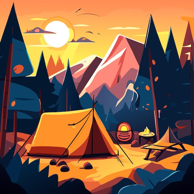 Vecteur equipement de tente de camping forestier d'été dessiné à la main plat autocollant de dessin animé élégant concept d'icône isolé