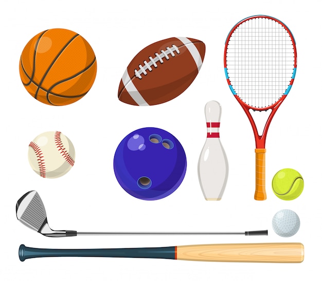 Équipements sportifs de vecteur en style cartoon. Balles, raquettes, bâtons de golf et autres illustrations vectorielles